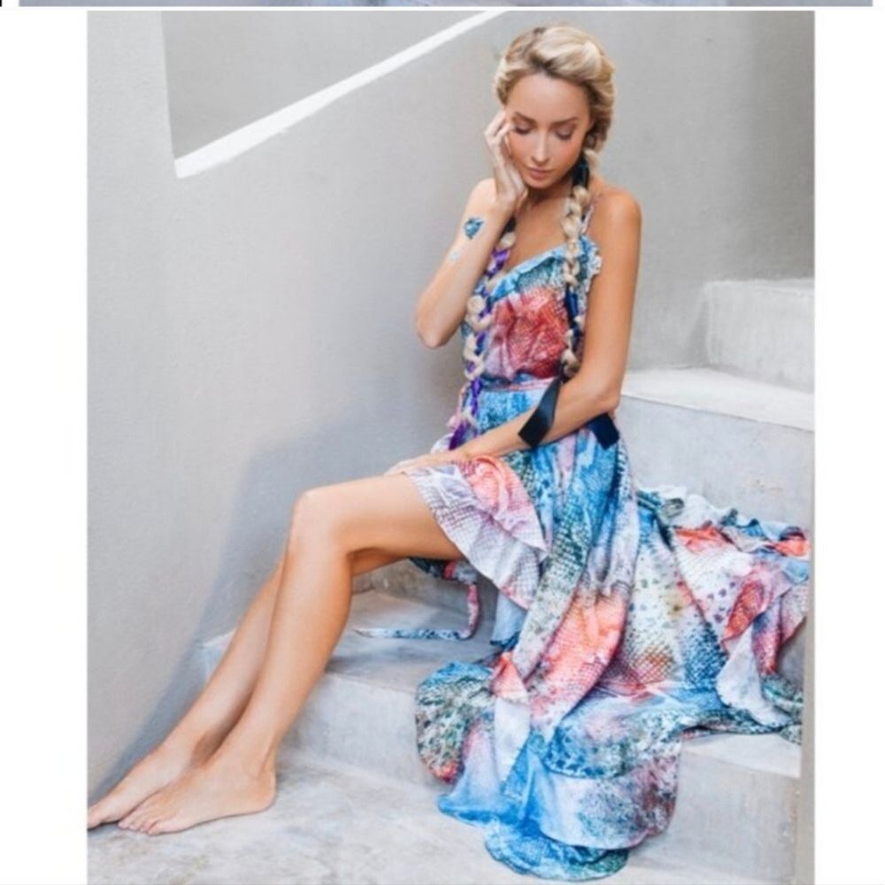 Suki So Colorful Rainbow High Low Dress W/Belt Size Small